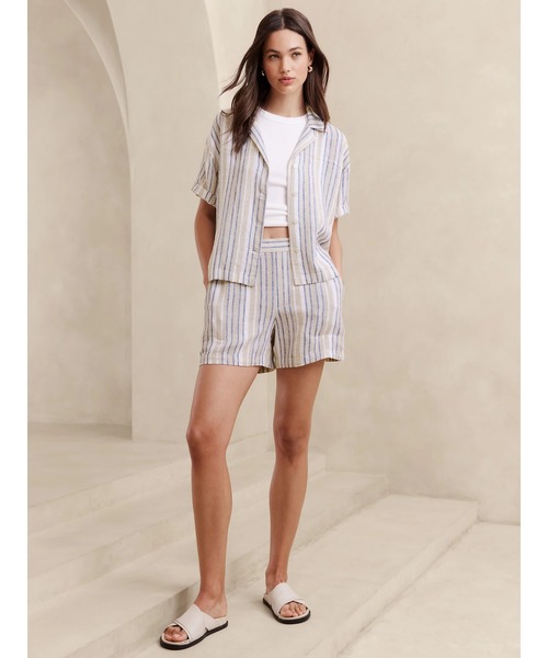 90s BananaRepublic リネン100% S/S シャツ ストライプ Banana Republic - BANANAREPUBLIC ストライプ長袖シャツの通販