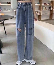 ダメージ デニムパンツ ハイウエスト美脚