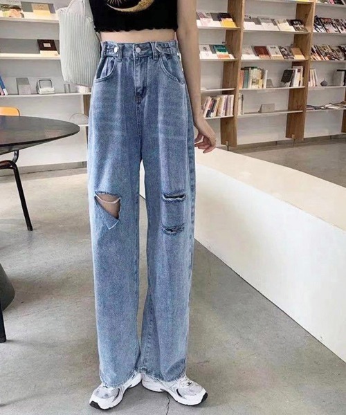 Miniministore(ミニミニストア)の「ダメージ デニムパンツ ハイウエスト美脚(デニムパンツ・レディース・ブルー・M/XL/S/L)」の2枚目の写真