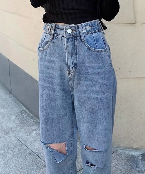 Miniministore(ミニミニストア)の「ダメージ デニムパンツ ハイウエスト美脚(デニムパンツ・レディース・ブルー・M/XL/S/L)」の3枚目の写真
