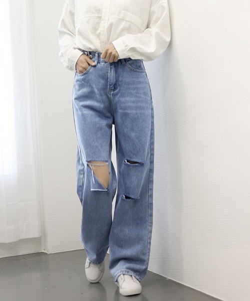 Miniministore(ミニミニストア)の「ダメージ デニムパンツ ハイウエスト美脚(デニムパンツ・レディース・ブルー・M/XL/S/L)」の4枚目の写真