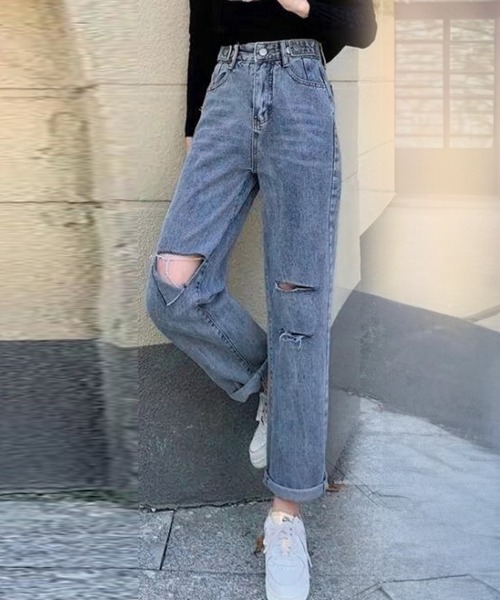 Miniministore(ミニミニストア)の「ダメージ デニムパンツ ハイウエスト美脚(デニムパンツ・レディース・ブルー・M/XL/S/L)」の7枚目の写真