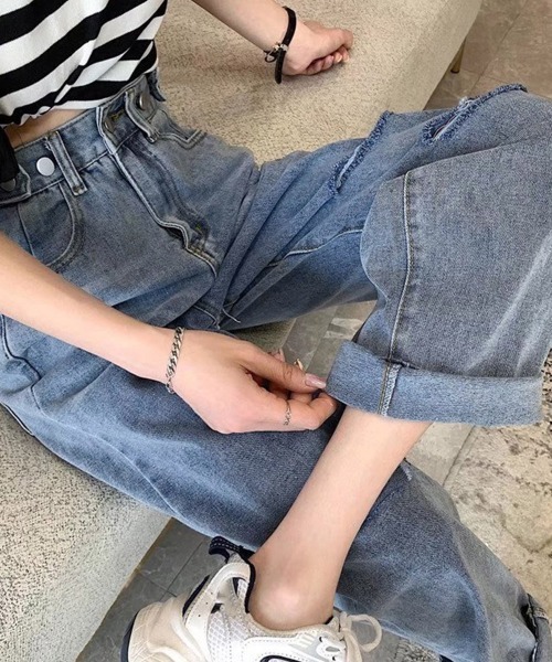 Miniministore(ミニミニストア)の「ダメージ デニムパンツ ハイウエスト美脚(デニムパンツ・レディース・ブルー・M/XL/S/L)」の9枚目の写真