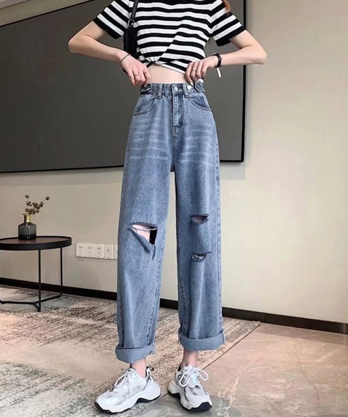Miniministore(ミニミニストア)の「ダメージ デニムパンツ ハイウエスト美脚(デニムパンツ・レディース・ブルー・M/XL/S/L)」の10枚目の写真