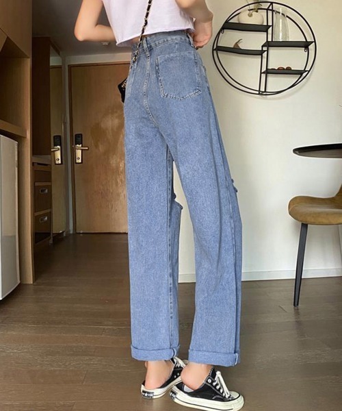 Miniministore(ミニミニストア)の「ダメージ デニムパンツ ハイウエスト美脚(デニムパンツ・レディース・ブルー・M/XL/S/L)」の11枚目の写真