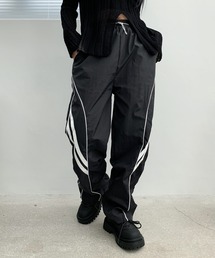 [UNISEX][スポーティーブロックコアルック]ナイロン配色ストリングワイドパンツ