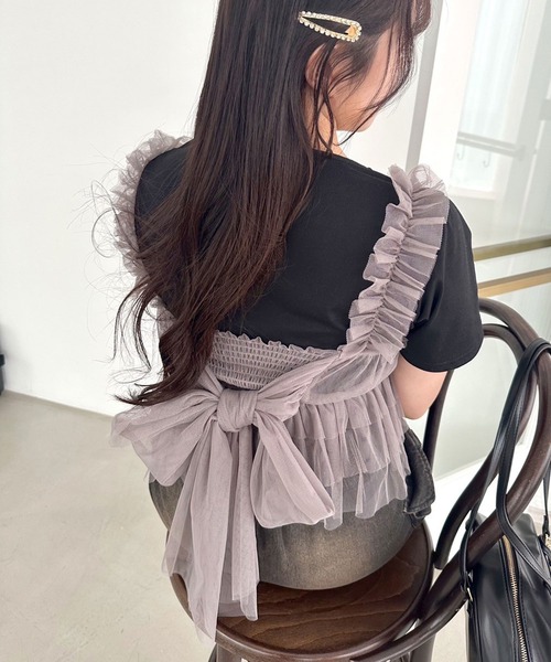 OLIVE des OLIVE（オリーブデオリーブ）の「【販売停止】Tシャツ×チュールキャミセット（アンサンブル・レディース・オフホワイト/ブラック/ライトグレー・FREE）」の3枚目の写真