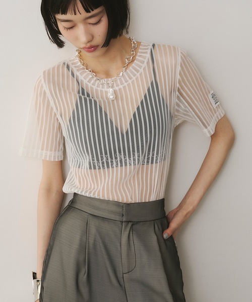 VIOLETTA（ヴィオレッタ）の「ストライプチュールTシャツ（Tシャツ/カットソー・レディース・ブルー/ホワイト/ブラック・FREE）」の1枚目の写真