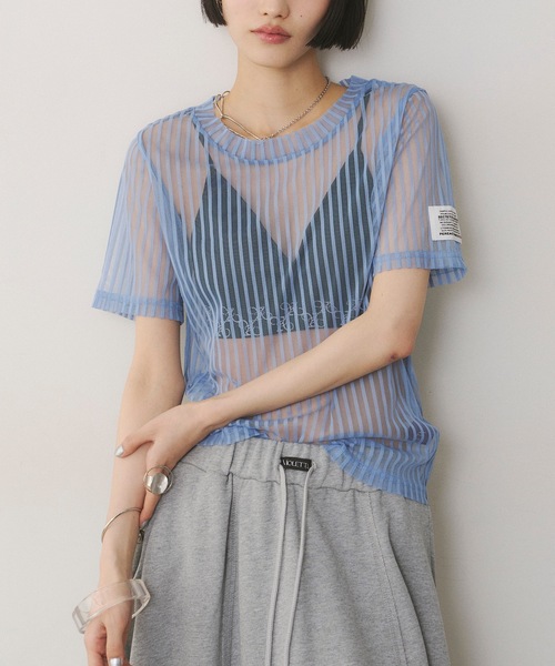 VIOLETTA（ヴィオレッタ）の「ストライプチュールTシャツ（Tシャツ/カットソー・レディース・ブルー/ホワイト/ブラック・FREE）」の3枚目の写真