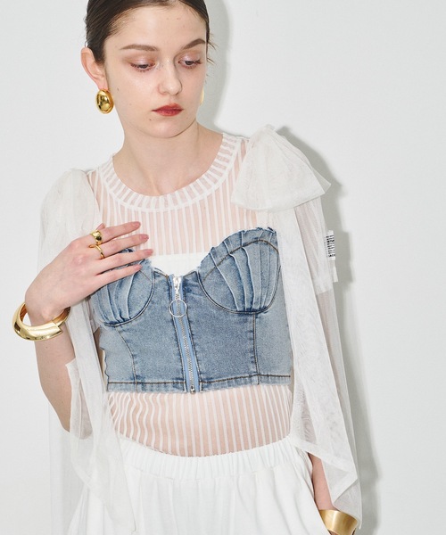 VIOLETTA（ヴィオレッタ）の「ストライプチュールTシャツ（Tシャツ/カットソー・レディース・ブルー/ホワイト/ブラック・FREE）」の15枚目の写真