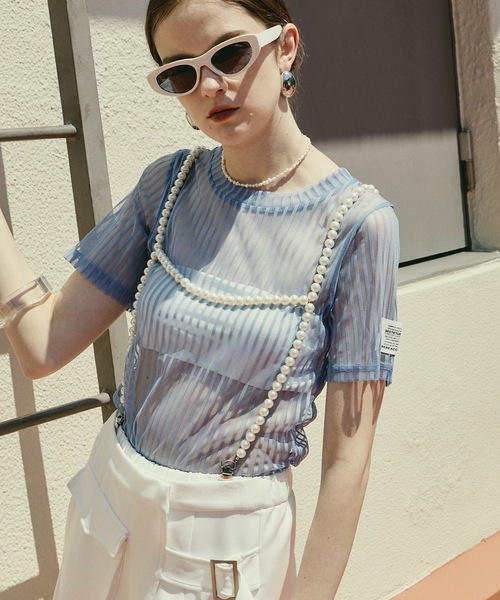 VIOLETTA（ヴィオレッタ）の「ストライプチュールTシャツ（Tシャツ/カットソー・レディース・ブルー/ホワイト/ブラック・FREE）」の5枚目の写真