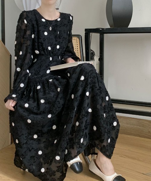 人気 ブランド チェック セール】ドット刺繍キャンディスリーブジャガードフレアロング ワンピース