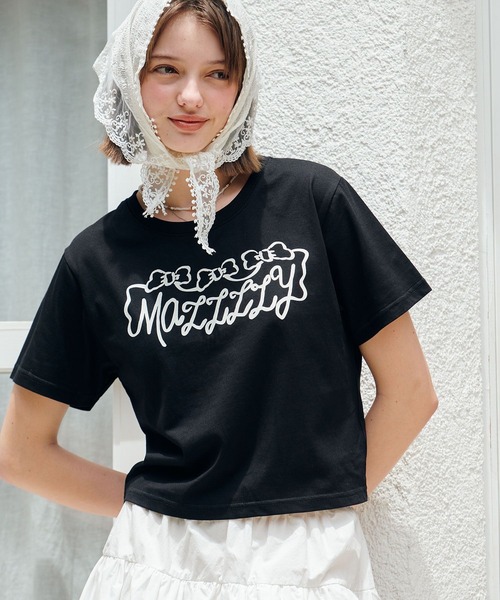 MAZZZZY(マジ―)の「MAZZZZY/リボンロゴT(Tシャツ/カットソー・レディース・ホワイト/ブラック・FREE)」の2枚目の写真