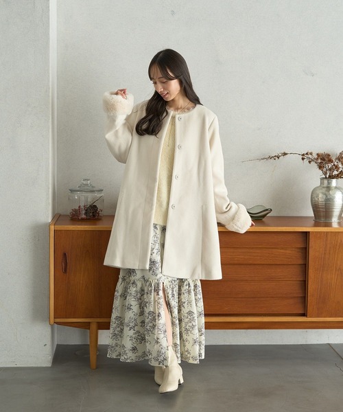 earth music&ecology（アースミュージックアンドエコロジー）の「ファーカフスノーカラーコート（ノーカラーコート・レディース・杢グレー/アイボリー/ブラック・S/M）」の9枚目の写真