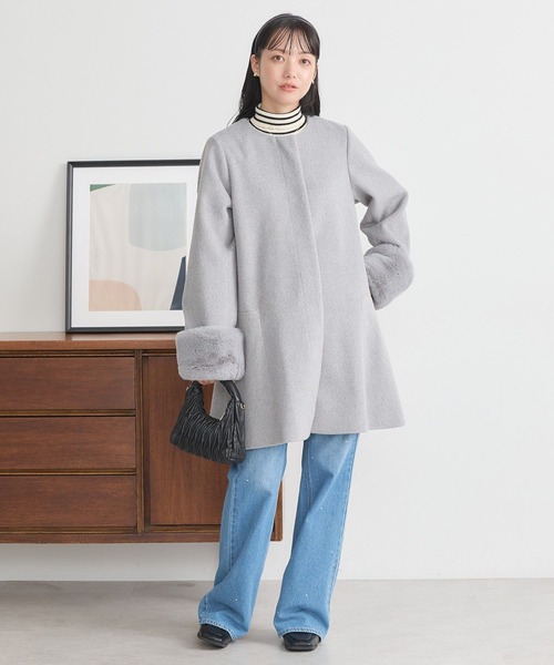 earth music&ecology（アースミュージックアンドエコロジー）の「ファーカフスノーカラーコート（ノーカラーコート・レディース・杢グレー/アイボリー/ブラック・S/M）」の17枚目の写真