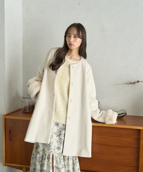 earth music&ecology（アースミュージックアンドエコロジー）の「ファーカフスノーカラーコート（ノーカラーコート・レディース・杢グレー/アイボリー/ブラック・S/M）」の7枚目の写真