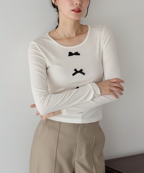 BLUEEAST(ブルーイースト)の「リボン付きカットソー(Tシャツ/カットソー・レディース・ブラック/グレー/ホワイト・MEDIUM)」の4枚目の写真