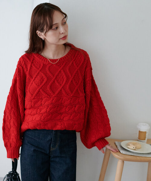 DISCOAT（ディスコート）の「【SNSで人気！】パッチワークケーブルボリュームニット《WEB限定》（ニット/セーター・レディース・レッド/ネイビー/グリーン系その他/チャコールグレー/アイボリー・MEDIUM）」の20枚目の写真