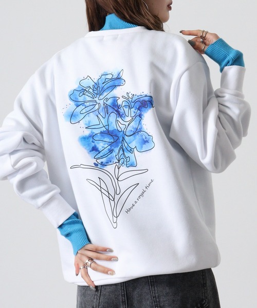 WS select ストレッチ裏起毛 ワンポイント刺繍 花柄デザインスウェットシャツ（スウェット）｜FUNALIVE（ファンアライブ）