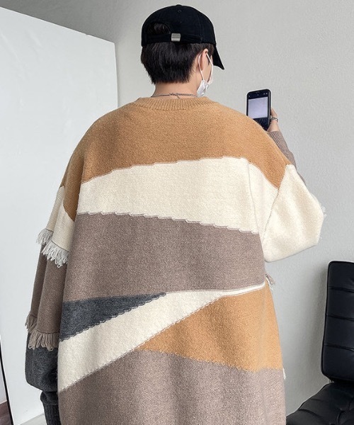 link lot(リンクロット)の「パッチワーク風フリンジニットセーター オーバーサイズ(ニット/セーター・メンズ・グレー/ベージュ・M/L)」の9枚目の写真
