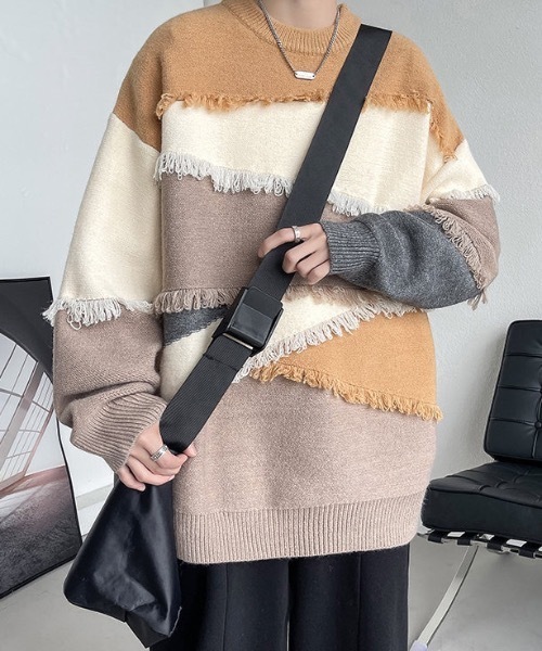 link lot(リンクロット)の「パッチワーク風フリンジニットセーター オーバーサイズ(ニット/セーター・メンズ・グレー/ベージュ・M/L)」の11枚目の写真