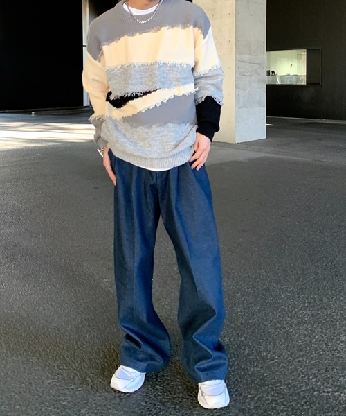 link lot(リンクロット)の「パッチワーク風フリンジニットセーター オーバーサイズ(ニット/セーター・メンズ・グレー/ベージュ・M/L)」の13枚目の写真