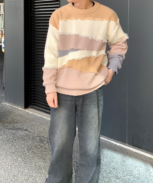 link lot(リンクロット)の「パッチワーク風フリンジニットセーター オーバーサイズ(ニット/セーター・メンズ・グレー/ベージュ・M/L)」の17枚目の写真
