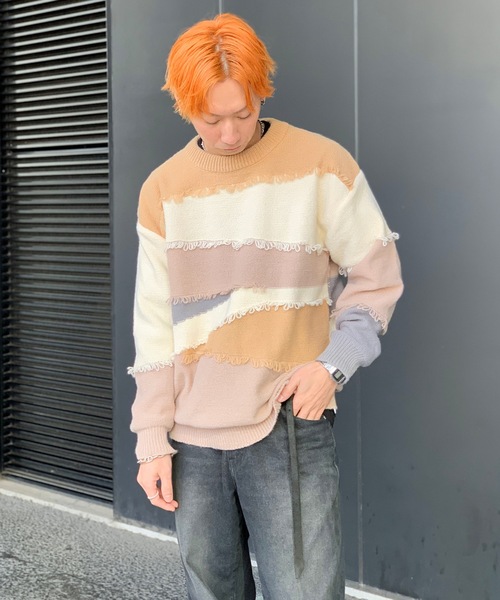 link lot(リンクロット)の「パッチワーク風フリンジニットセーター オーバーサイズ(ニット/セーター・メンズ・グレー/ベージュ・M/L)」の19枚目の写真