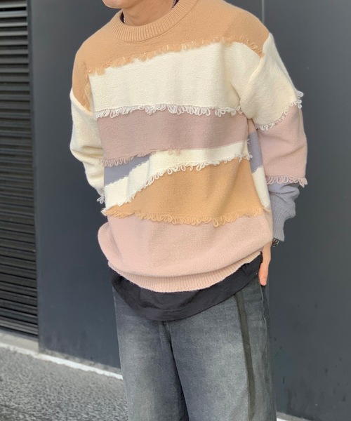 link lot(リンクロット)の「パッチワーク風フリンジニットセーター オーバーサイズ(ニット/セーター・メンズ・グレー/ベージュ・M/L)」の20枚目の写真