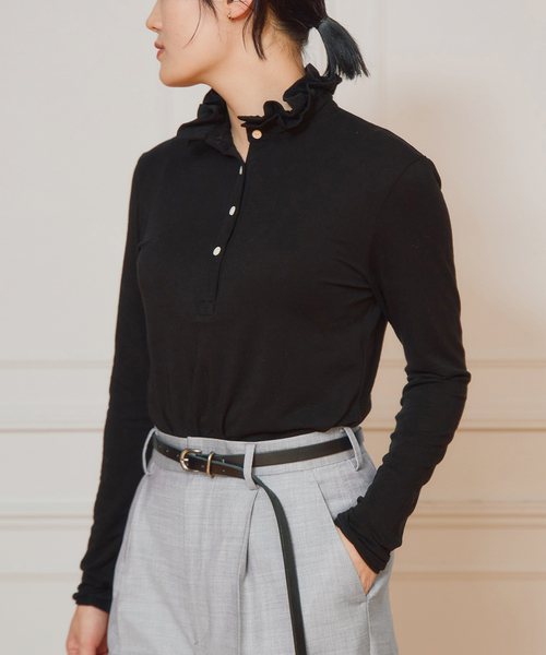 IENA LA BOUCLE(イエナラブークル)の「《追加》IENA LA BOUCLE フリルヘンリーネックカットソー2(Tシャツ/カットソー・レディース・グレー/ブラック・FREE)」の3枚目の写真