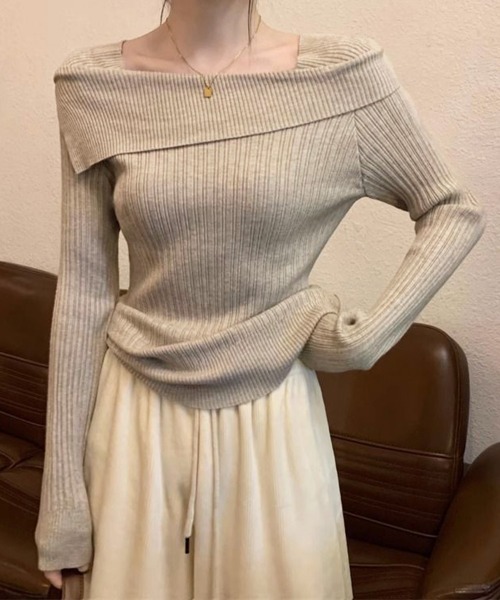 Miniministore(ミニミニストア)の「リブニットトップス オフショルダー 長袖(ニット/セーター・レディース・ベージュ/ブラック/グレー/アイボリー/ホワイト/ワインレッド・FREE)」の5枚目の写真