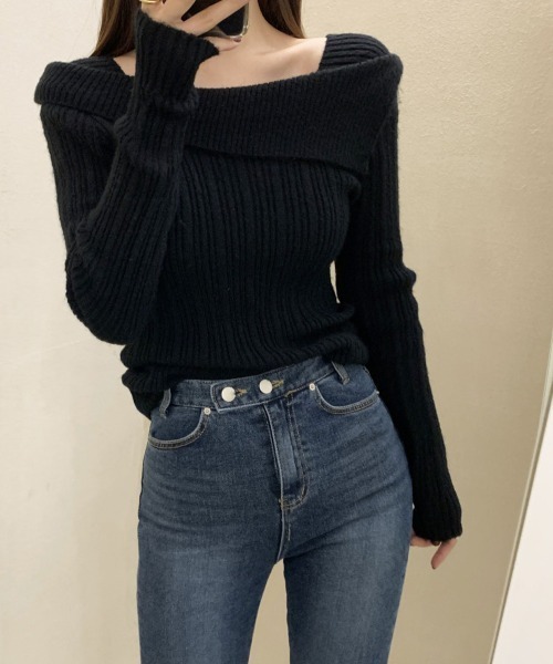 Miniministore(ミニミニストア)の「リブニットトップス オフショルダー 長袖(ニット/セーター・レディース・ベージュ/ブラック/グレー/アイボリー/ホワイト/ワインレッド・FREE)」の1枚目の写真