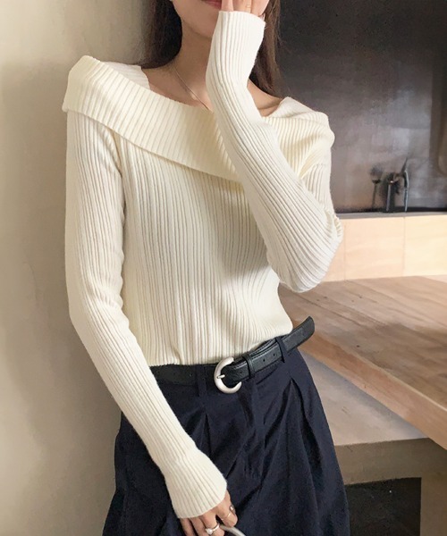Miniministore(ミニミニストア)の「リブニットトップス オフショルダー 長袖(ニット/セーター・レディース・ベージュ/ブラック/グレー/アイボリー/ホワイト/ワインレッド・FREE)」の14枚目の写真