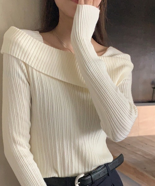 Miniministore(ミニミニストア)の「リブニットトップス オフショルダー 長袖(ニット/セーター・レディース・ベージュ/ブラック/グレー/アイボリー/ホワイト/ワインレッド・FREE)」の15枚目の写真