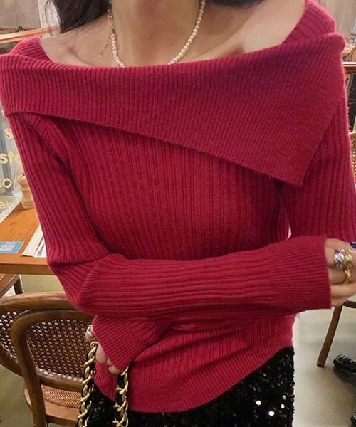 Miniministore(ミニミニストア)の「リブニットトップス オフショルダー 長袖(ニット/セーター・レディース・ベージュ/ブラック/グレー/アイボリー/ホワイト/ワインレッド・FREE)」の17枚目の写真
