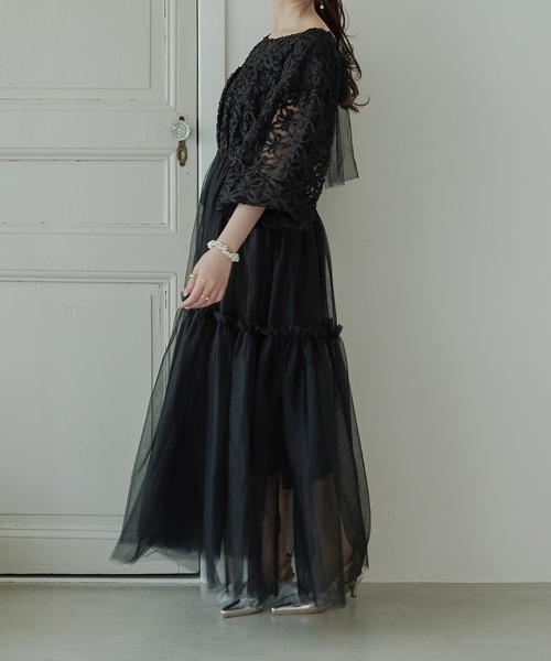 Ambre Neige（アンブルネージュ）の「flower design docking dress / 花柄ドッキングワンピース（ワンピース・レディース・ブラック/アイボリー・FREE）」の6枚目の写真