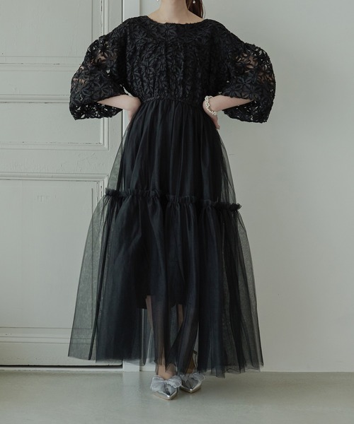 Ambre Neige（アンブルネージュ）の「flower design docking dress / 花柄ドッキングワンピース（ワンピース・レディース・ブラック/アイボリー・FREE）」の7枚目の写真