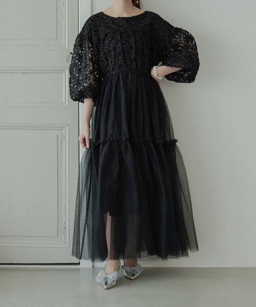 セール】flower design docking dress / 花柄ドッキングワンピース