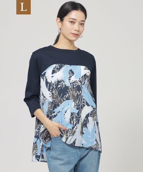 EVEX by KRIZIA(エヴェックスバイクリツィア)の「【L】【ウォシャブル】フラワープリントコンビカットソー(Tシャツ/カットソー・レディース・ブルー系その他2/ダークネイビー・44)」の2枚目の写真