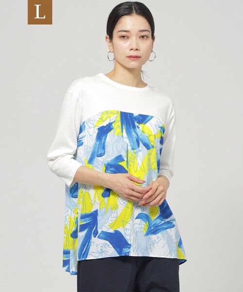 EVEX by KRIZIA(エヴェックスバイクリツィア)の「【L】【ウォシャブル】フラワープリントコンビカットソー(Tシャツ/カットソー・レディース・ブルー系その他2/ダークネイビー・44)」の1枚目の写真