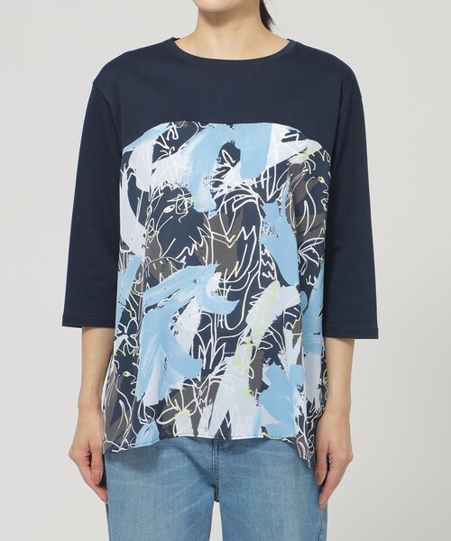 EVEX by KRIZIA(エヴェックスバイクリツィア)の「【L】【ウォシャブル】フラワープリントコンビカットソー(Tシャツ/カットソー・レディース・ブルー系その他2/ダークネイビー・44)」の5枚目の写真
