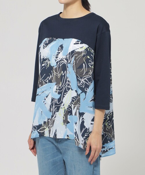 EVEX by KRIZIA(エヴェックスバイクリツィア)の「【L】【ウォシャブル】フラワープリントコンビカットソー(Tシャツ/カットソー・レディース・ブルー系その他2/ダークネイビー・44)」の6枚目の写真