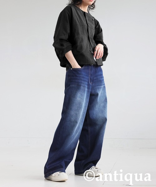 antiqua（アンティカ）の「ノーカラーショートジャケット（ノーカラージャケット・レディース・ブラック/カーキ・ONE SIZE）」の5枚目の写真