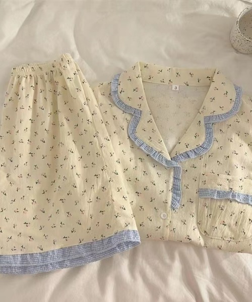 Teem Store(チームストア)の「【2点セット】ゆったり前開きルームウェア フリルパジャマ 半袖 ショートパンツ 花柄 春夏(ルームウェア/パジャマ・レディース・ピンク系/ピンク/レッド/イエロー/ブルー系/パープル/ブルー・M/L)」の15枚目の写真