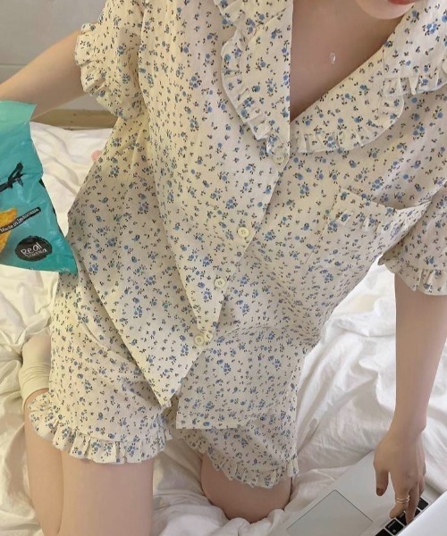 Teem Store(チームストア)の「【2点セット】ゆったり前開きルームウェア フリルパジャマ 半袖 ショートパンツ 花柄 春夏(ルームウェア/パジャマ・レディース・ピンク系/ピンク/レッド/イエロー/ブルー系/パープル/ブルー・M/L)」の9枚目の写真