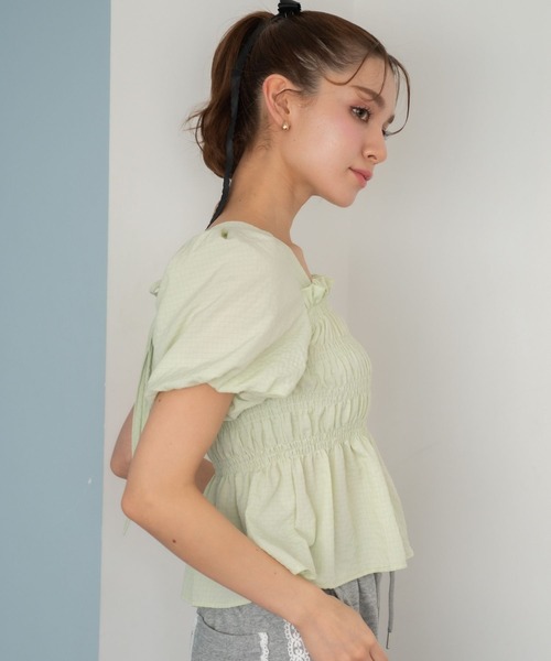 Nu(ニュー)の「【Nu】ボートネックシャーリングブラウス(シャツ/ブラウス・レディース・グリーン/オフホワイト/チェック・M)」の13枚目の写真
