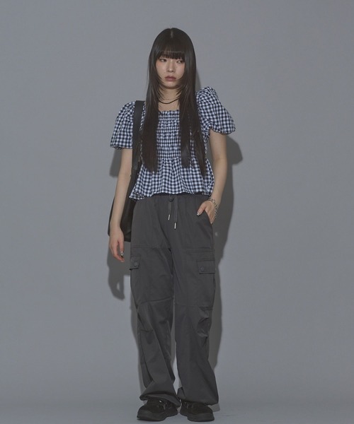 Nu(ニュー)の「【Nu】ボートネックシャーリングブラウス(シャツ/ブラウス・レディース・グリーン/オフホワイト/チェック・M)」の9枚目の写真