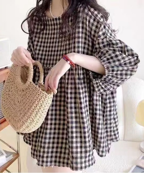 forformo パフスリーブ チェック柄ブラウス セール】パフスリーブチェック柄トップス（Tシャツ/カットソー