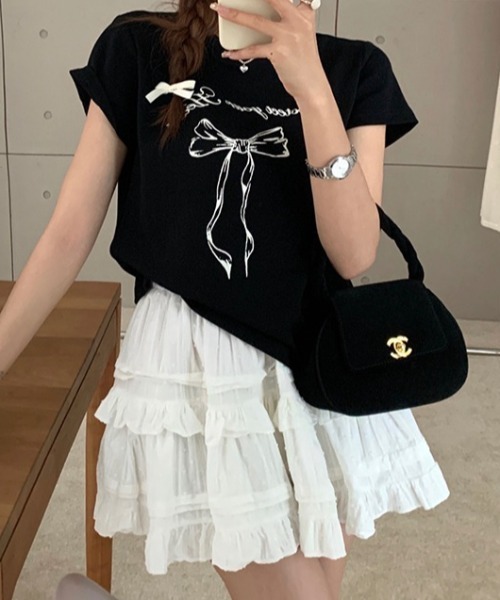 Teem Store(チームストア)の「リボンデザイン プリントTシャツ(Tシャツ/カットソー・レディース・ブラック/ホワイト・S/M)」の2枚目の写真