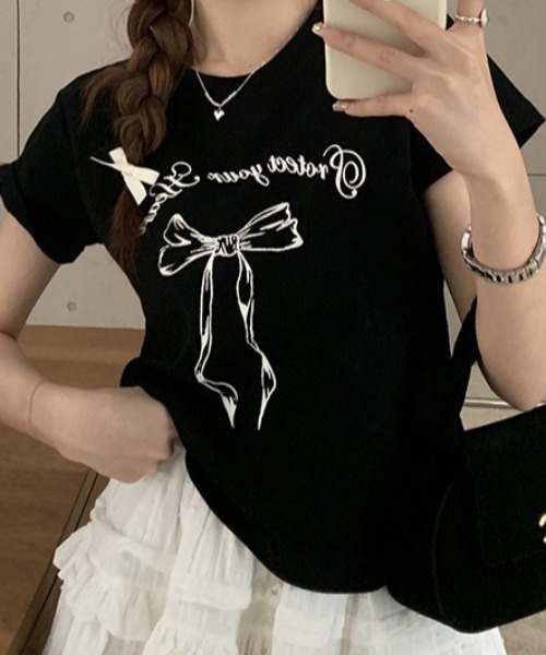 Teem Store(チームストア)の「リボンデザイン プリントTシャツ(Tシャツ/カットソー・レディース・ブラック/ホワイト・S/M)」の5枚目の写真